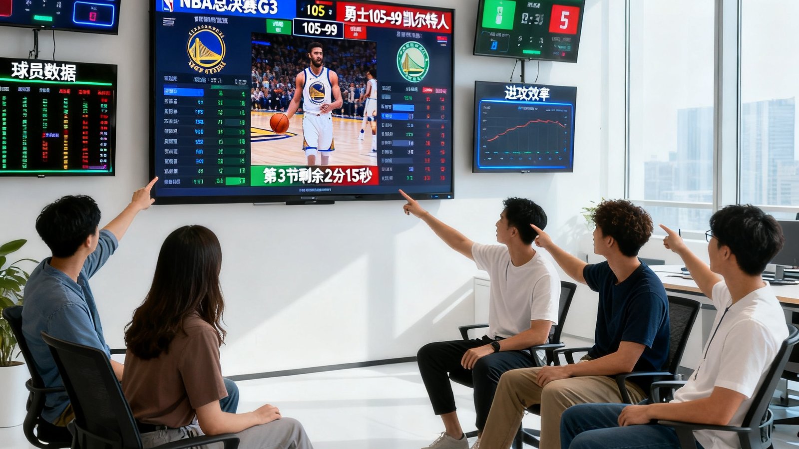 宽敞明亮的现代化办公室内，一群年轻员工围坐在大屏幕前讨论实时赛事数据，墙上挂着多块显示比分的大屏