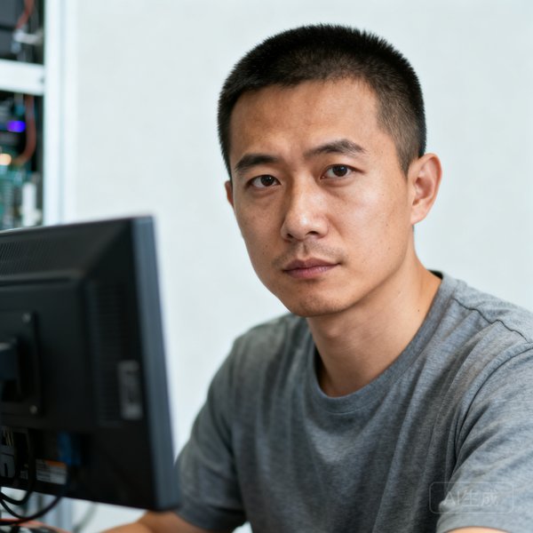 三十岁左右的男性技术工程师，短发精干，穿着灰色T恤神情专注地看向镜头